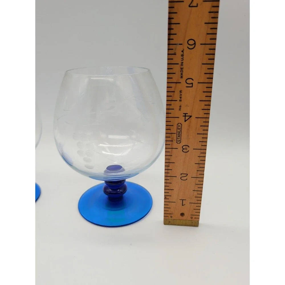Vtg Luminarc France Ocean Blue Sapphire Cognac Snifters Engraved Grapes